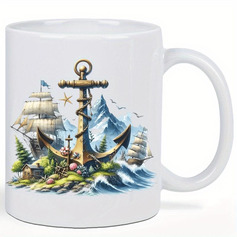 Tailorly White Ceramic 11 oz Mug - Vintage Maritime Scene With Sailing Ships Among Crashing Waves Anchor