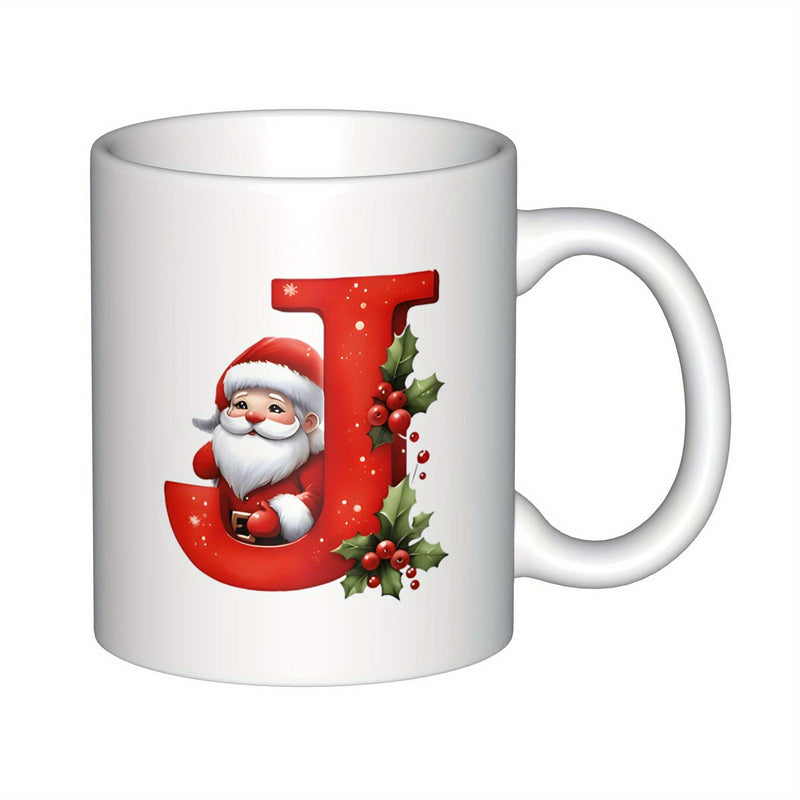 Tailorly White Ceramic 11 oz Mug - J Jolly Cartoon Santa Claus Sitting Inside A Large Festive Red Letter