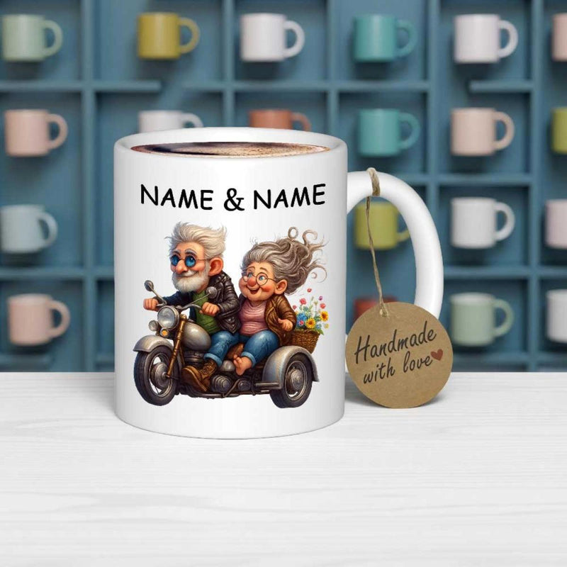 Tailorly White Ceramic 11 oz Mug - Name And Name Joyful Elderly Couple Riding Vintage Motorbike Under Bright Daylight Journey Motorcycle
