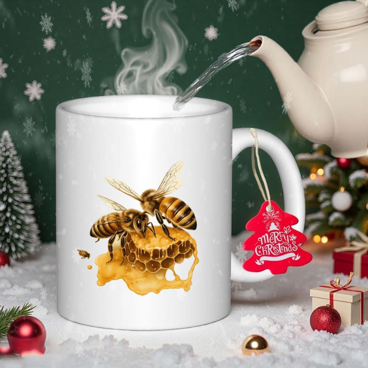 Tailorly White Ceramic 11 oz Mug - Two Detailed Honeybees Resting On Golden Honeycomb Dripping With Sweet Nectar Honeybee