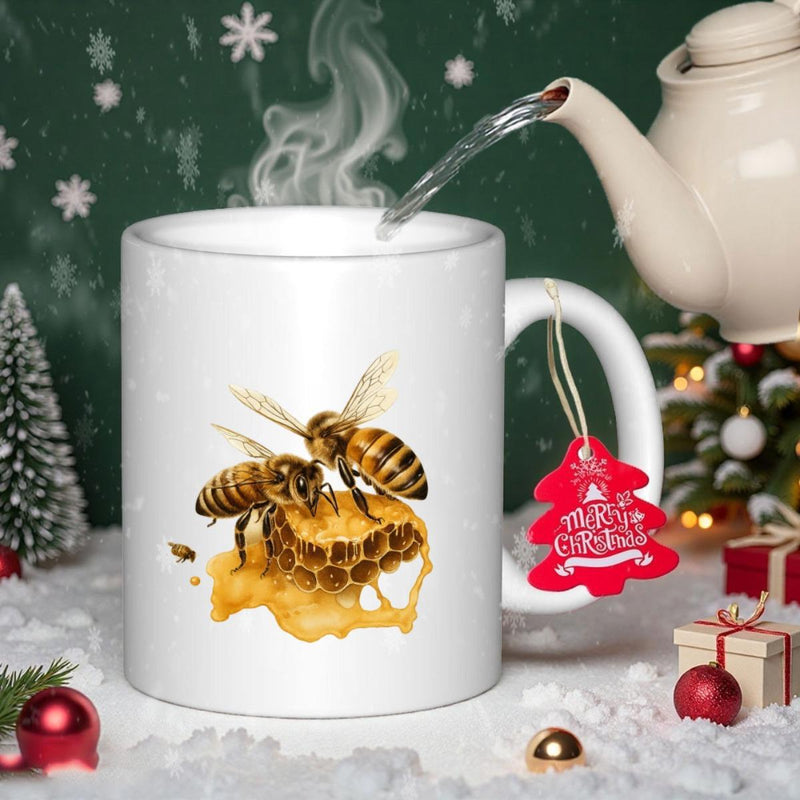 Tailorly White Ceramic 11 oz Mug - Two Detailed Honeybees Resting On Golden Honeycomb Dripping With Sweet Nectar Honeybee