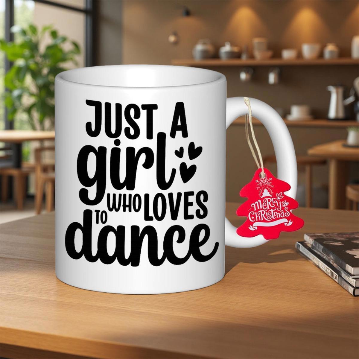 Tailorly White Ceramic 11 oz Mug - Just A Girl Who Loves To Dance Minimalist Black Script Lettering With Three Tiny Hearts Decorative Style Mug