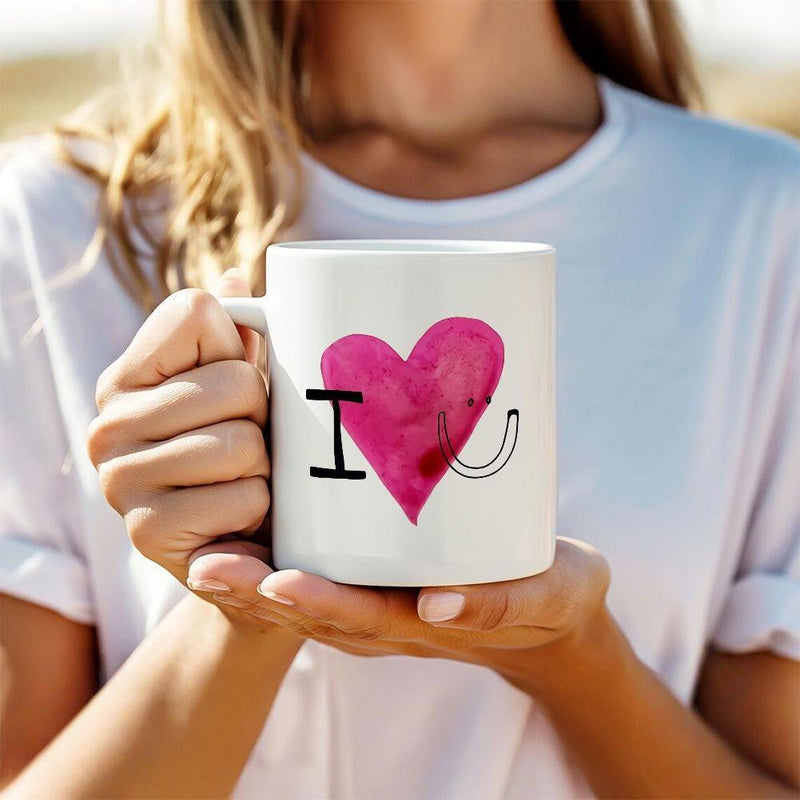 Tailorly White Ceramic 11 oz Mug - I U Artistic Pink Watercolor Texture Centered Among Minimalist Hand Drawn Letters Heart