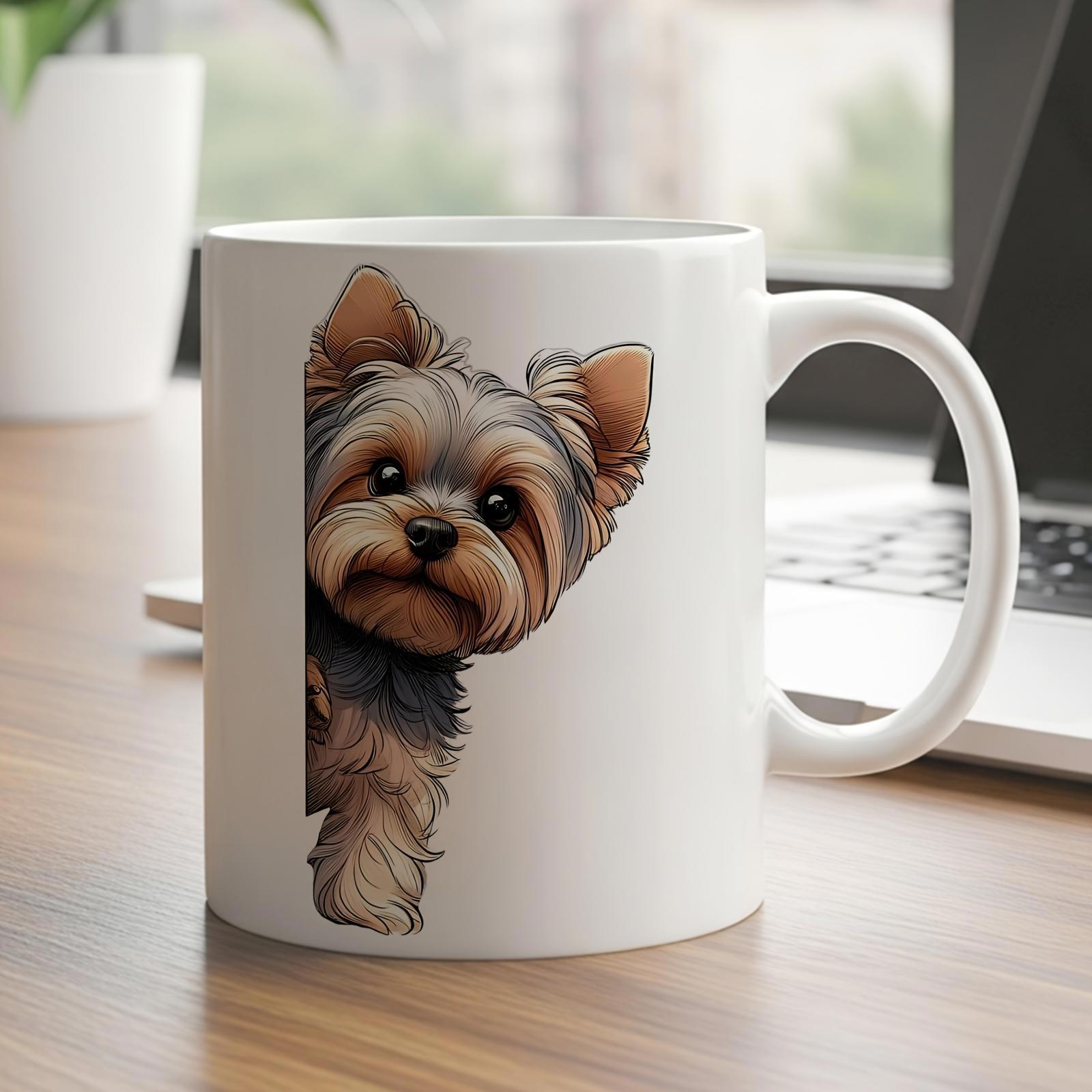 Tailorly White Ceramic 11 oz Mug - Peeking Little Dog With Fuzzy Brown Fur And Sweet Eyes Yorkshire Terrier