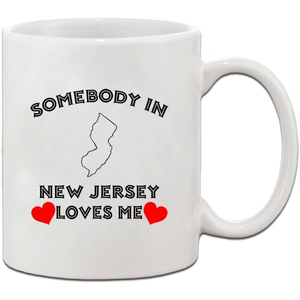 Tailorly White Ceramic 11 oz Mug - Somebody In New Jersey Loves Me Minimal Outline Map With Two Red Vibrant Decorative Hearts Mug