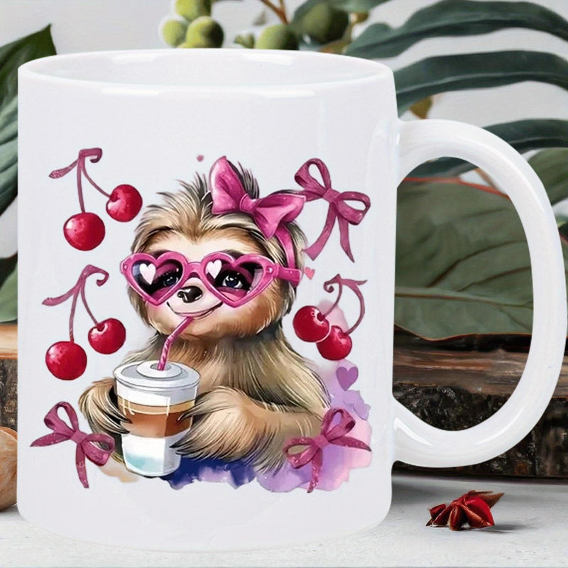 Tailorly White Ceramic 11 oz Mug - Cute Sloth Wearing Pink Heart Glasses Sipping Coffee Among Red Cherries Sloth