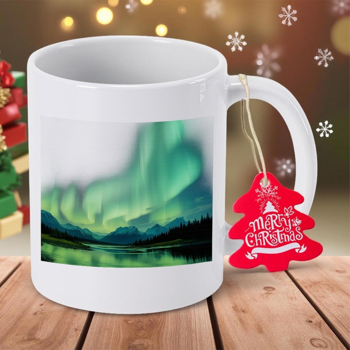 Tailorly White Ceramic 11 oz Mug - Merry Christmas Shimmering Green Northern Lights Reflecting Over Mountain Lake Landscape Mug