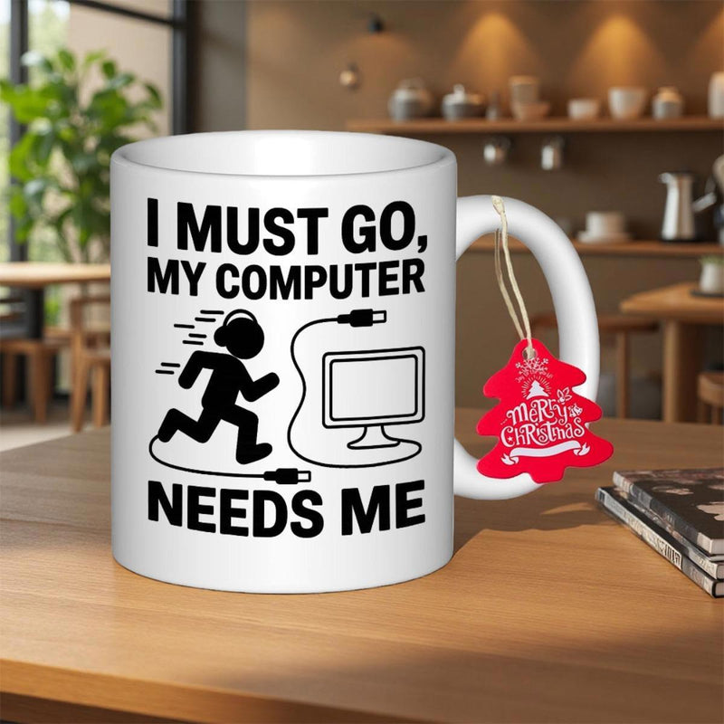 Tailorly White Ceramic 11 oz Mug - I Must Go My Computer Needs Me Stylized Running Figure Wearing Headphones Connected To A Desktop Monitor Computer