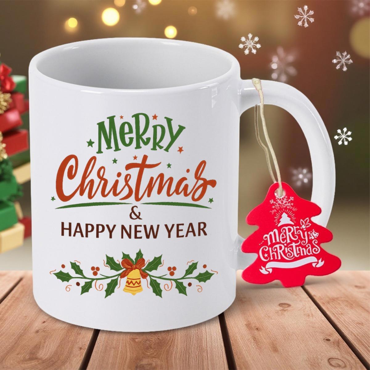 Tailorly White Ceramic 11 oz Mug - Merry Christmas Happy New Year Elegant Festive Holly Leaves With Golden Bell And Red Berries On