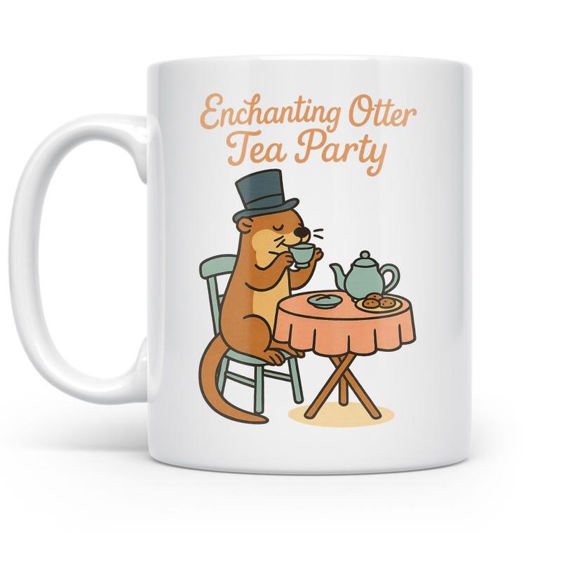 Tailorly White Ceramic 11 oz Mug - Enchanting Otter Tea Party Whimsical Cartoon Wearing Top Hat At Small Table Otter
