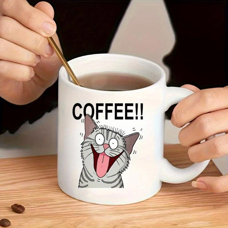 Tailorly White Ceramic 11 oz Mug - Coffee Hyperactive Excited Grey Tabby With Wide Eyes And Long Tongue Cat