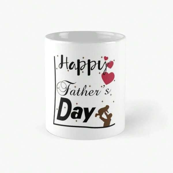 Tailorly White Ceramic 11 oz Mug - Happy Father's Day Loving Father Lifting Child Surrounded By Flying Red Heart Shapes Silhouette