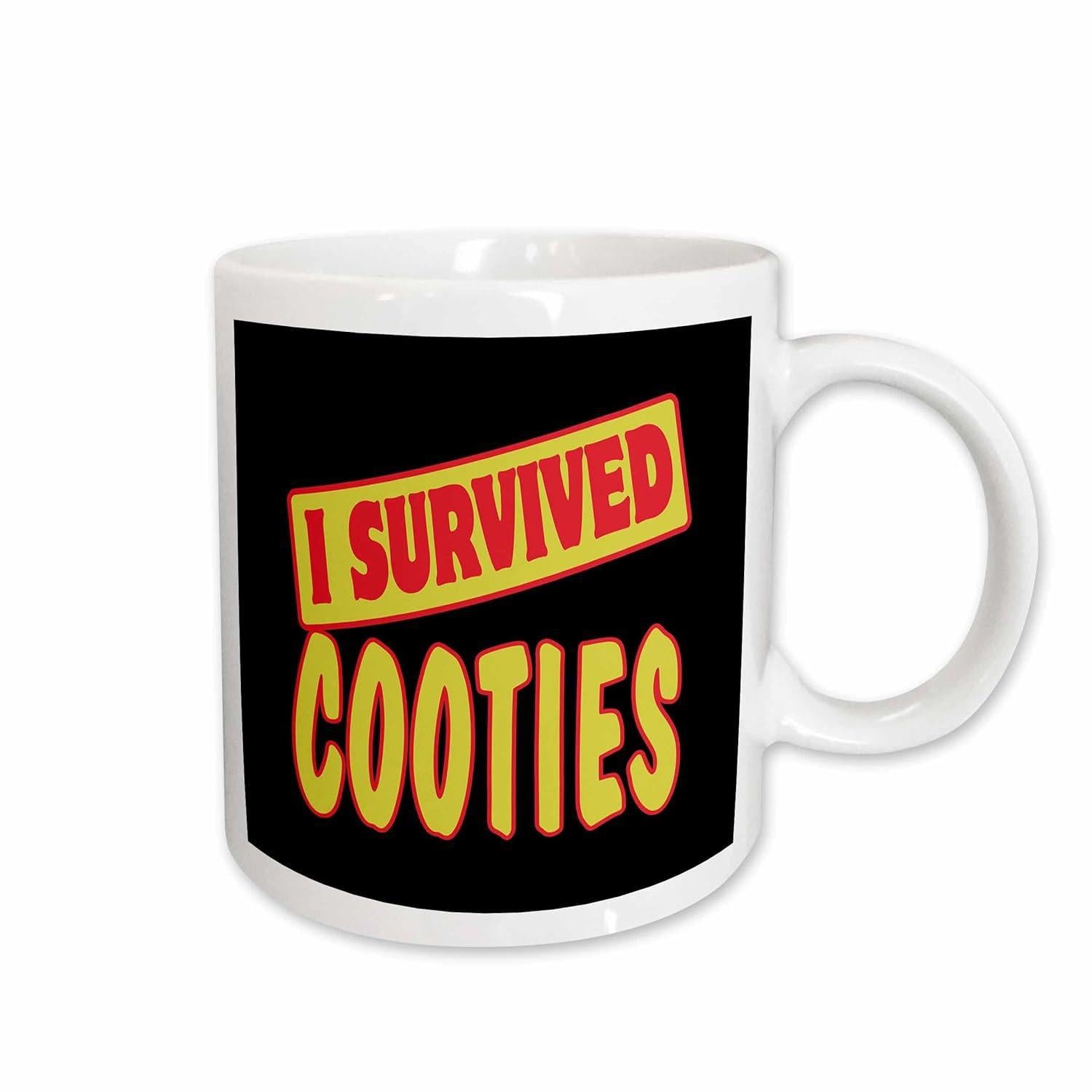 Tailorly White Ceramic 11 oz Mug - I Survived Cooties Bold Red Lettering On Black Background Graphic Mug