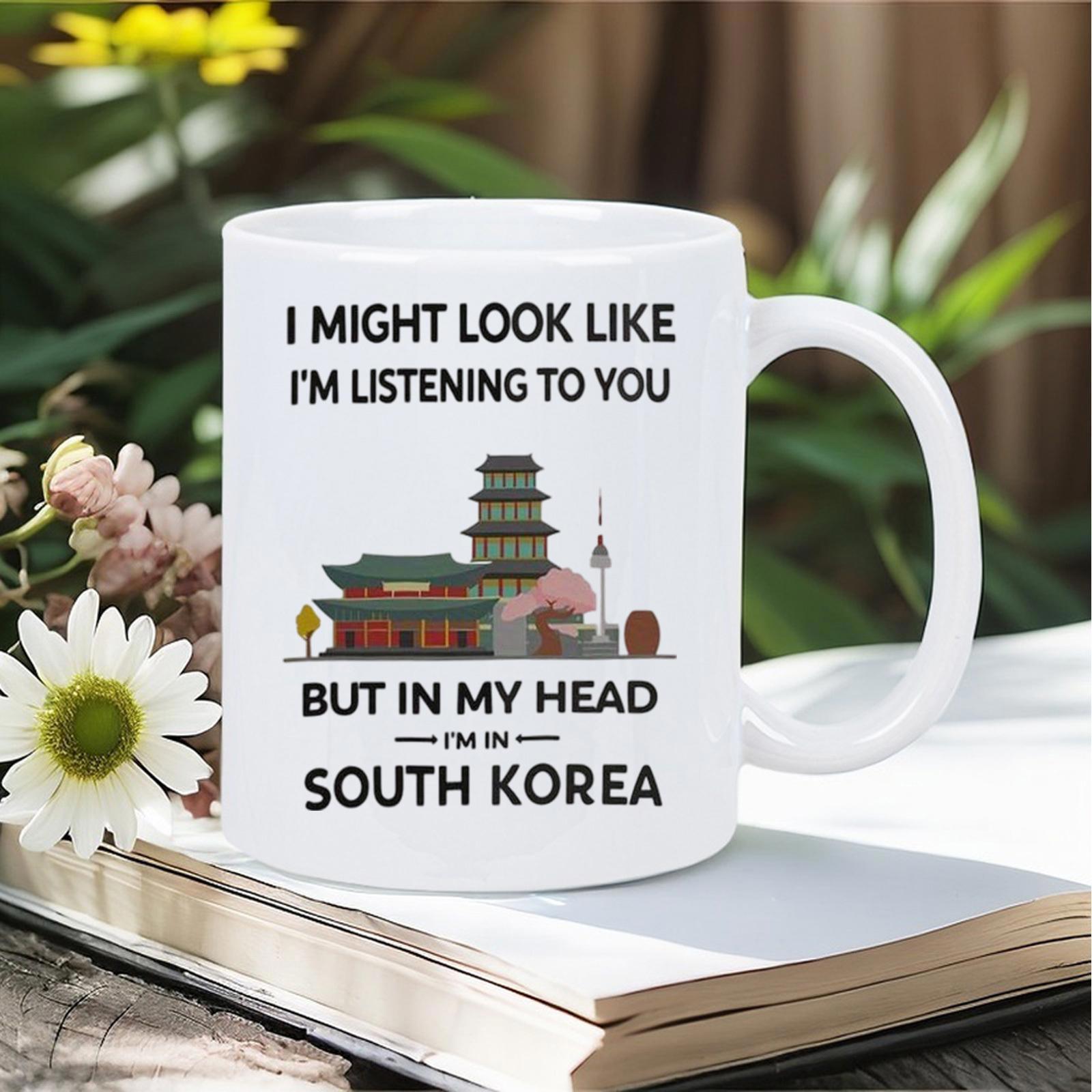 Tailorly White Ceramic 11 oz Mug - I Might Look Like Im Listening To You But In My Head Im In South Korea Traditional Korean Palace Architecture With Pink Cherry