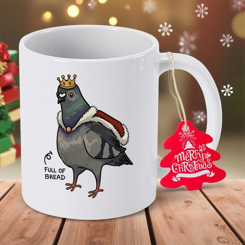 Tailorly White Ceramic 11 oz Mug - Full Of Bread Royal Bird Wearing Golden Crown And Red Cape Standing Proudly Pigeon