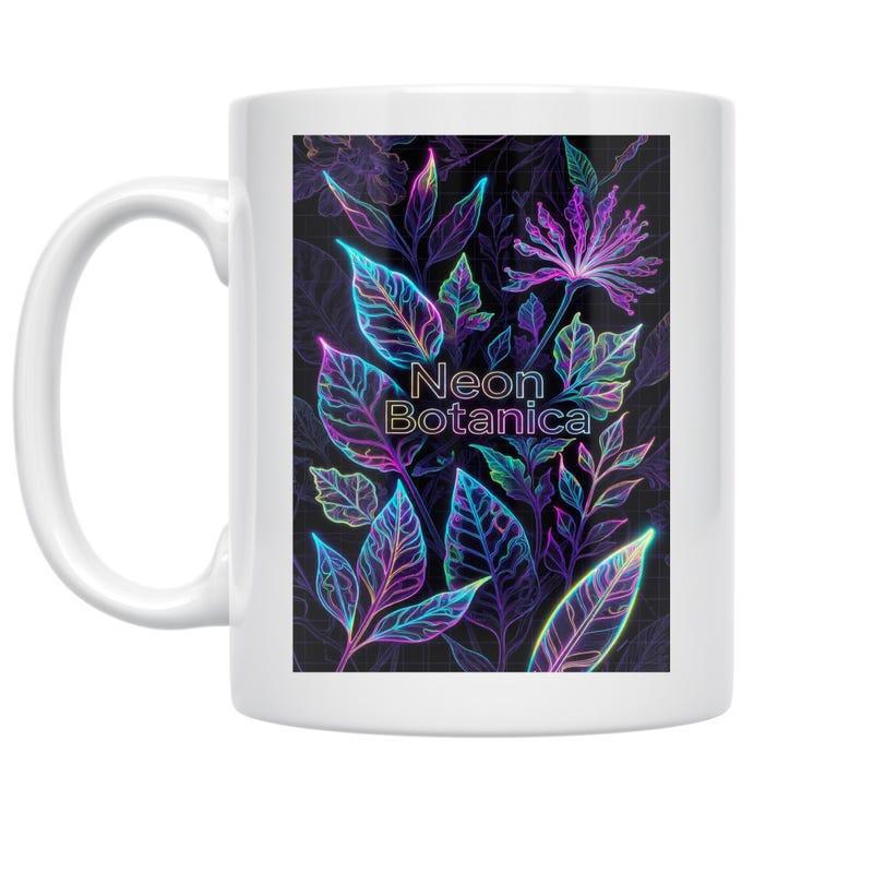 Tailorly White Ceramic 11 oz Mug - Neon Botanica Vibrant Glowing Leaves Surrounded By Mysterious Dark Tropical Foliage
