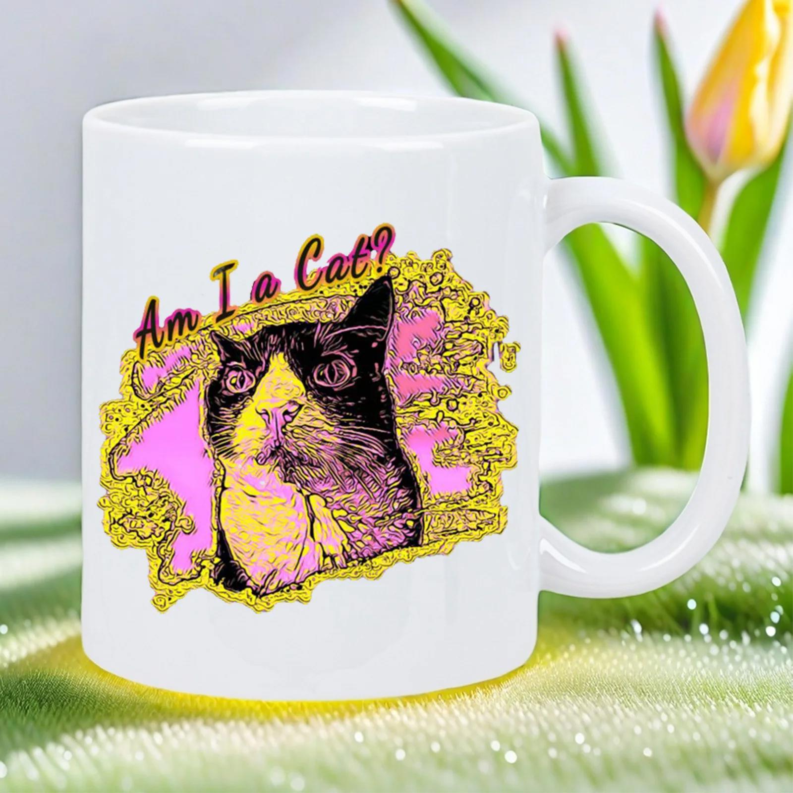 Tailorly White Ceramic 11 oz Mug - Am I A Cat Artistic Stylized Feline Portrait With Pink And Yellow Splashed Abstract Background Cat