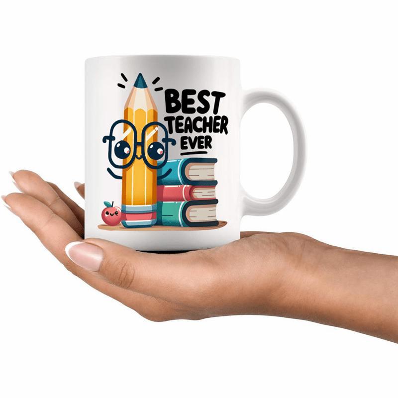 Tailorly White Ceramic 11 oz Mug - Best Teacher Ever Smiling Cartoon Pencil Wearing Glasses Beside Colorful Stacked Books Pencil