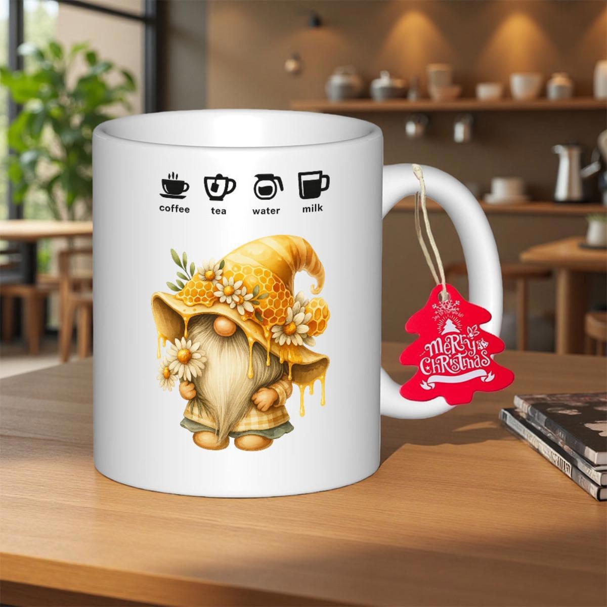 Tailorly White Ceramic 11 oz Mug - Coffee Tea Water Milk Charming Garden Elf Wearing Golden Flower Pattern Hat Holding Tiny Daisy Gnome