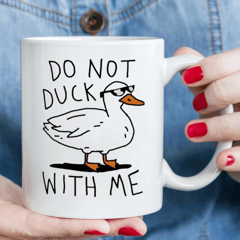 Tailorly White Ceramic 11 oz Mug - Do Not Duck With Me Minimalist Hand Drawn White Duck Wearing Cool Black Sunglasses Duck