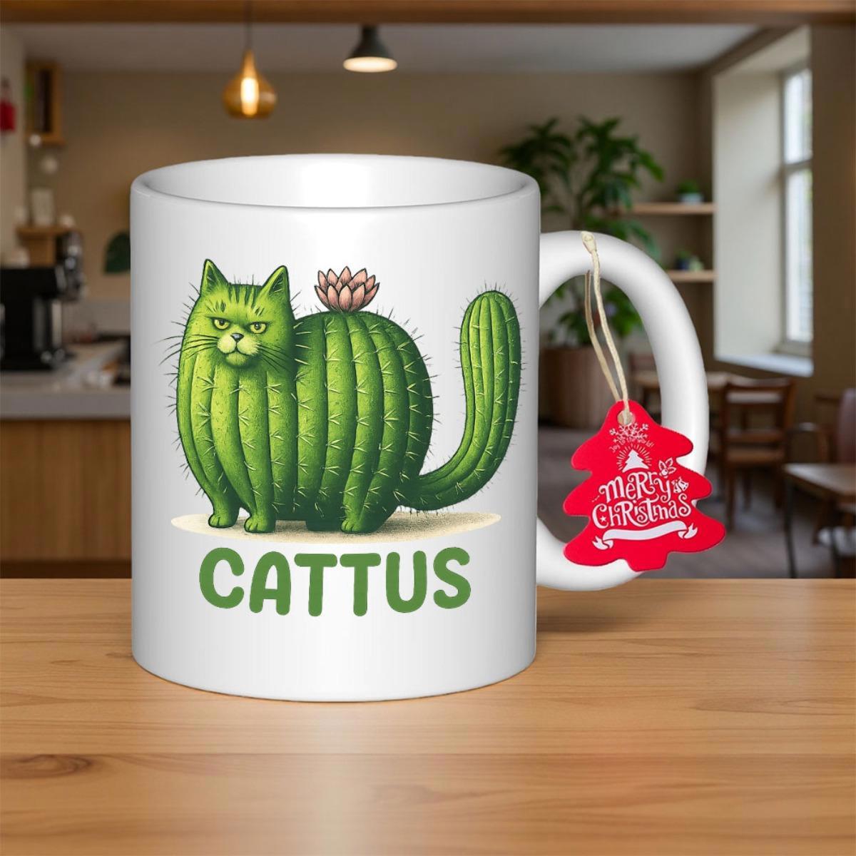 Tailorly White Ceramic 11 oz Mug - Cattus Whimsical Grumpy Green Plant In The Shape Of A Feline Cat