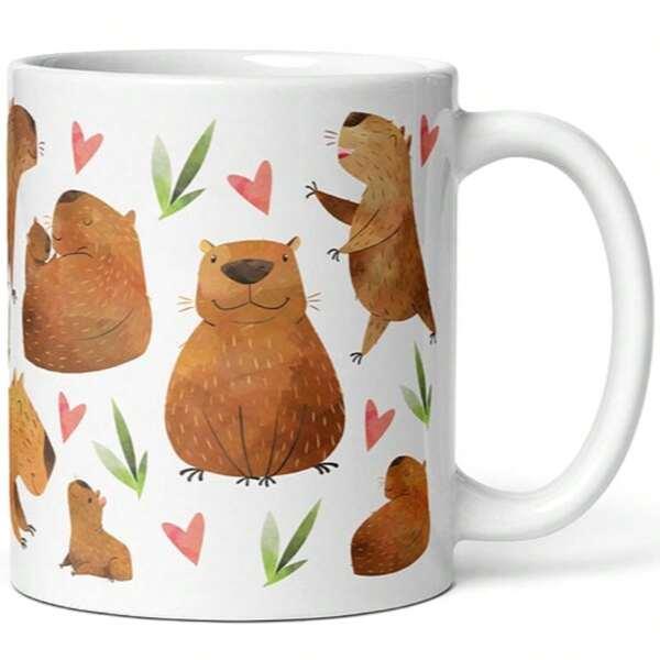 Tailorly White Ceramic 11 oz Mug - Cute Watercolor Animals With Pink Hearts And Green Leaves Pattern Capybara