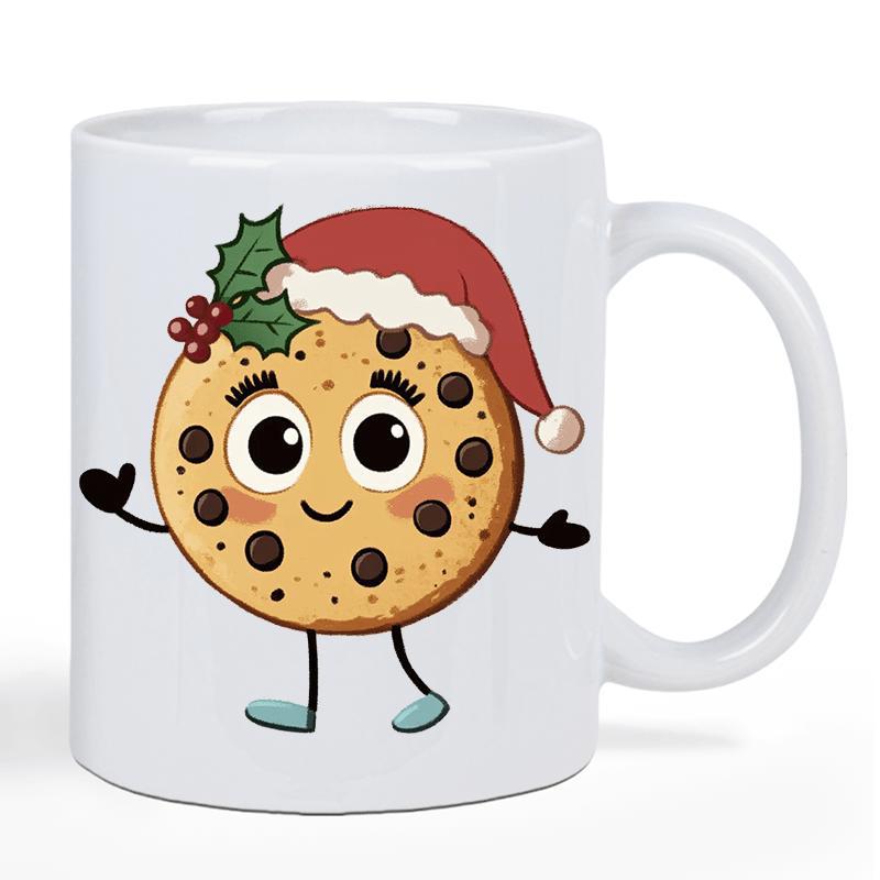 Tailorly White Ceramic 11 oz Mug - Festive Cheerful Cartoon Chocolate Chip Character Wearing A Red Santa Hat Cookie