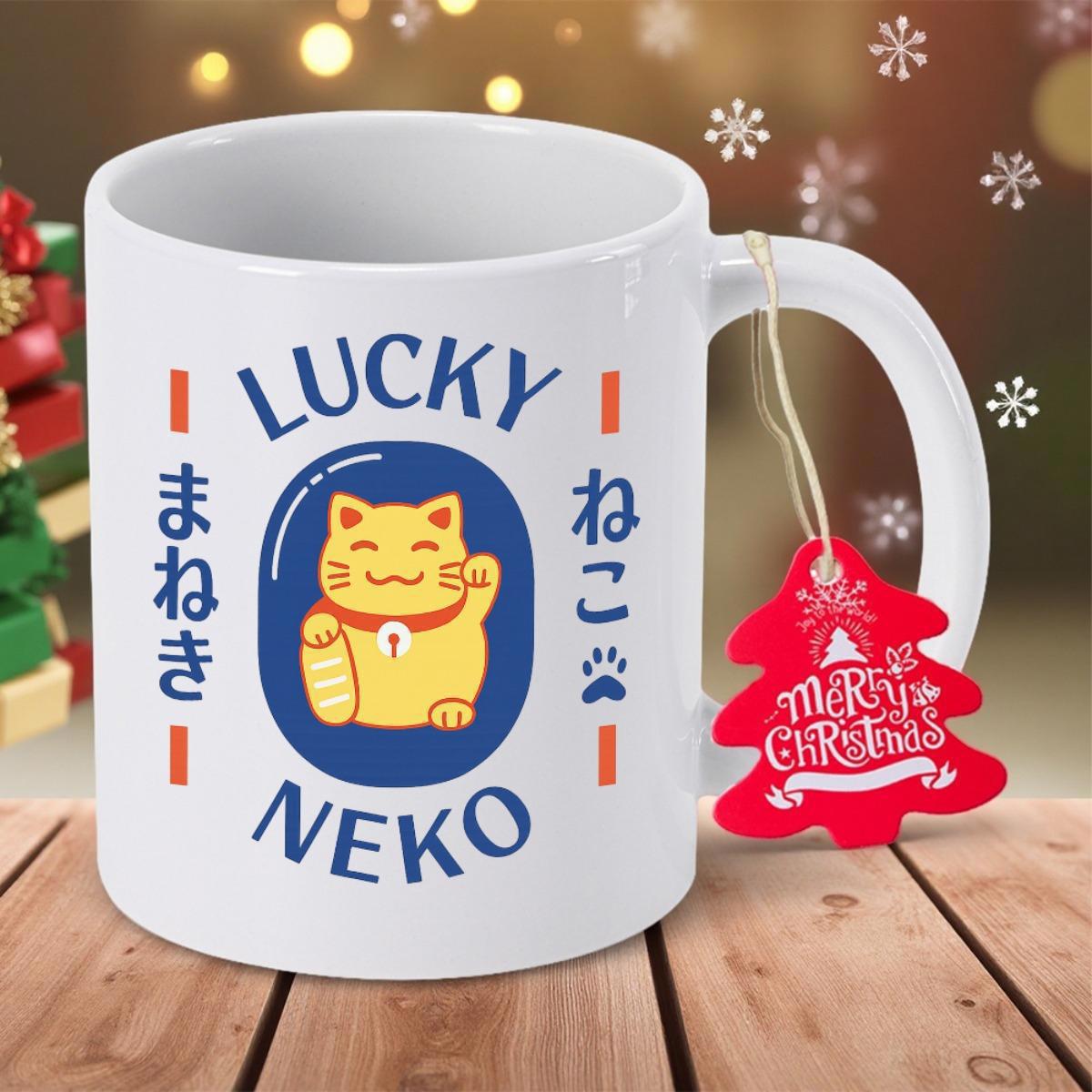 Tailorly White Ceramic 11 oz Mug - Lucky Neko Charming Golden Lucky Cat Smiling Inside A Blue Oval Frame Cat