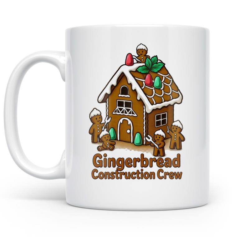 Tailorly White Ceramic 11 oz Mug - Gingerbread Construction Crew Festive Holiday Home With Tiny Workers Building Sweet Edible Candy Walls Gingerbread House