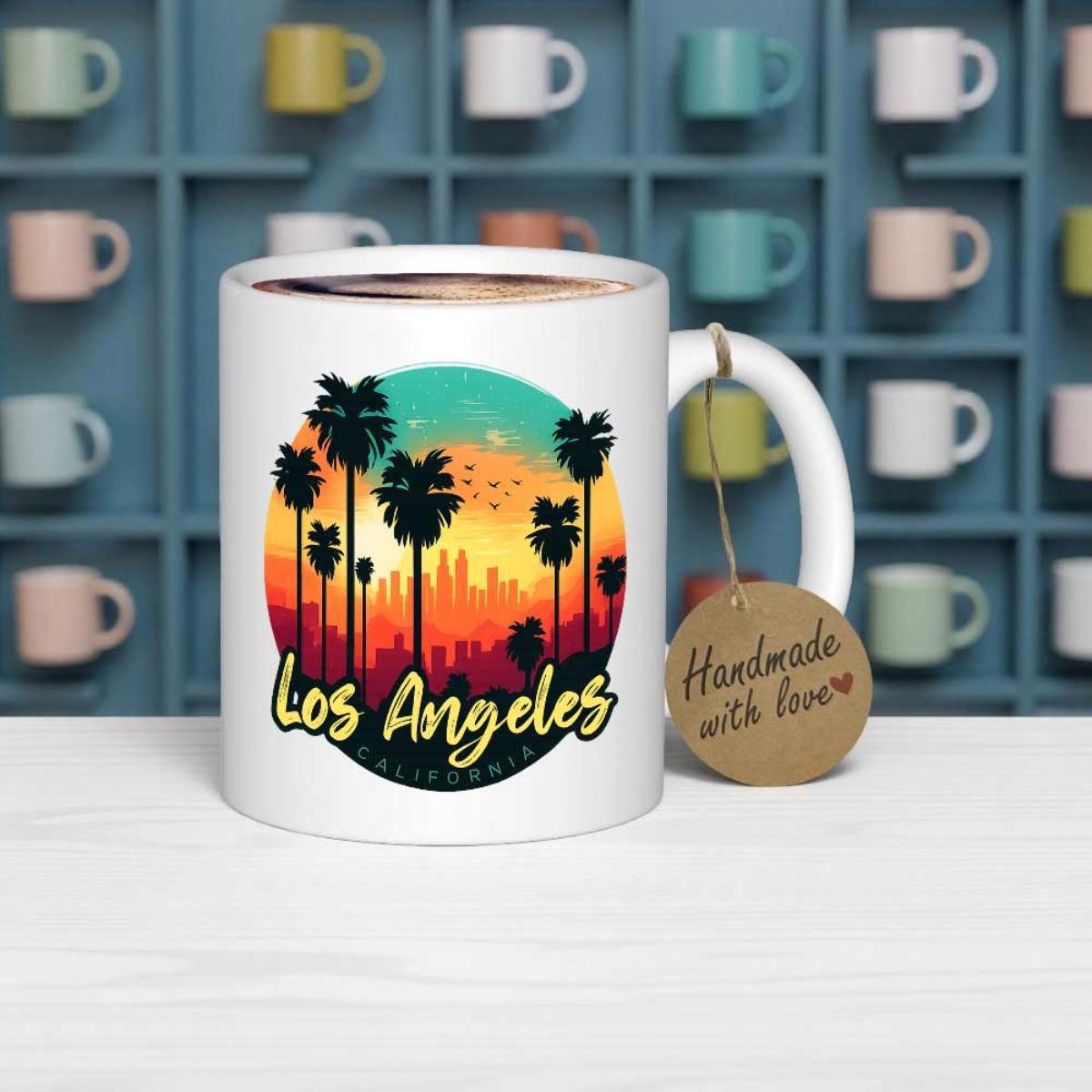 Tailorly White Ceramic 11 oz Mug - Los Angeles Vibrant Sunset Sky Over Urban Skyline With Silhouetted Tropical Palm Trees Landscape