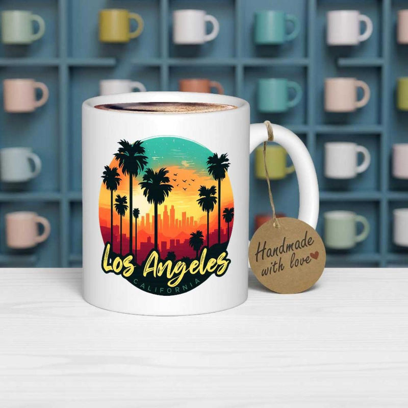 Tailorly White Ceramic 11 oz Mug - Los Angeles Vibrant Sunset Sky Over Urban Skyline With Silhouetted Tropical Palm Trees Landscape