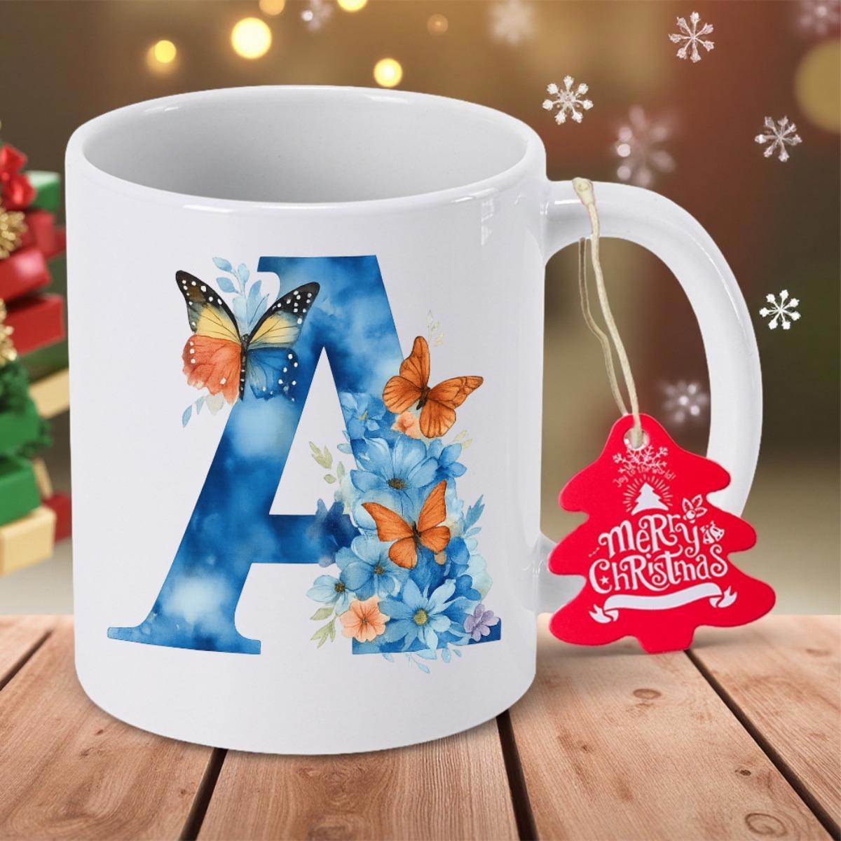 Tailorly White Ceramic 11 oz Mug - Merry Christmas Floral Blue Alphabet Letter Adorned With Vibrant Orange Butterflies Butterfly