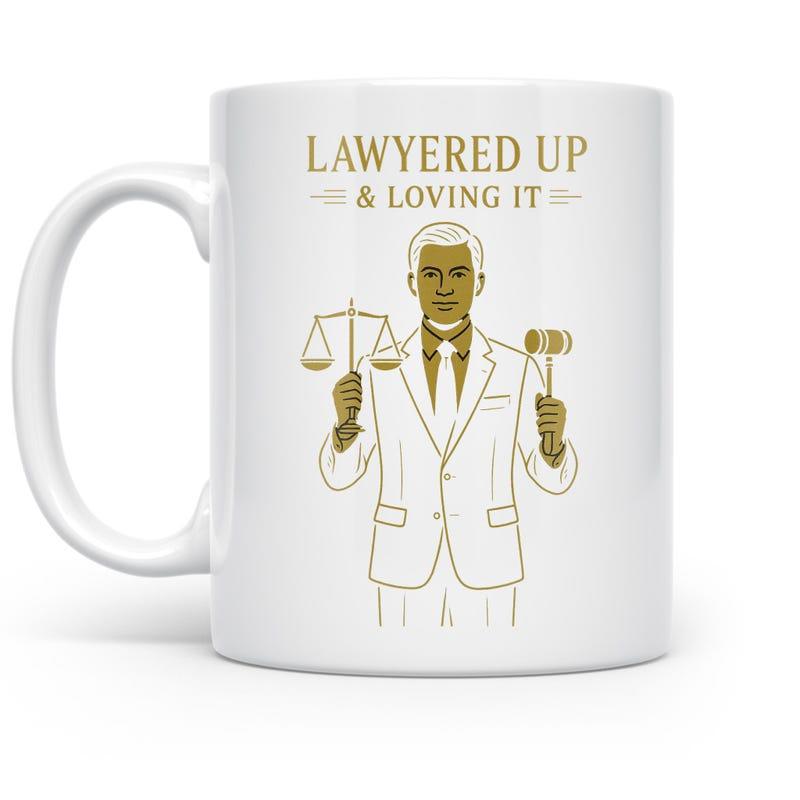 Tailorly White Ceramic 11 oz Mug - Lawyered Up Loving It Professional Male Attorney Wearing Suit Holding Justice Scales And Gavel Lawyer