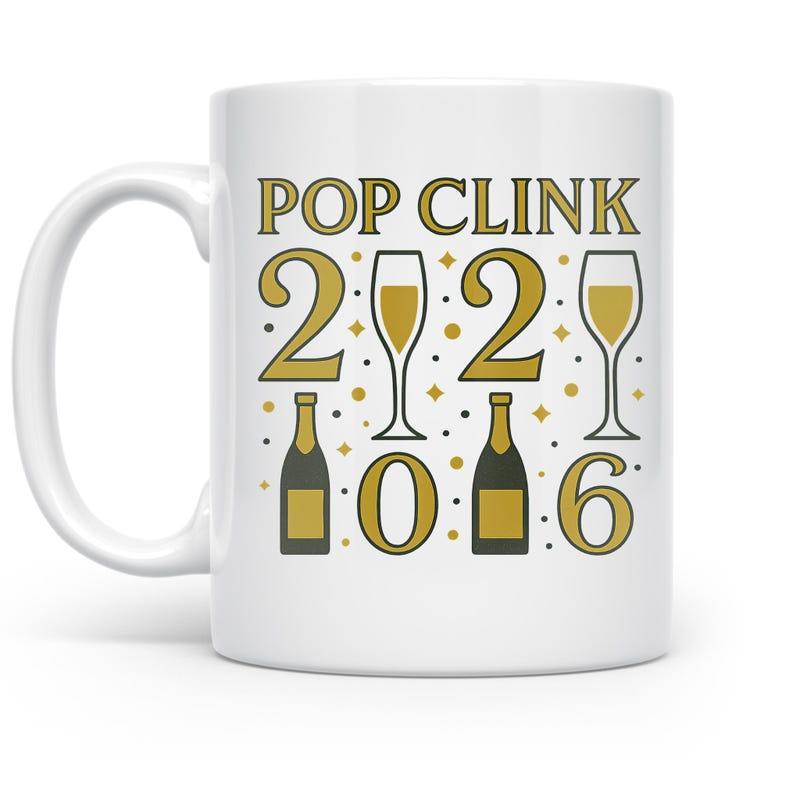 Tailorly White Ceramic 11 oz Mug - Pop Clink Festive Golden Bubbles With Elegant Bottles And Glasses For Celebration Champagne