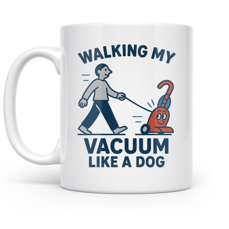 Tailorly White Ceramic 11 oz Mug - Walking My Vacuum Like A Dog Minimalist Cartoon Illustration Of A Man Strolling With A Smiling Red Vacuum