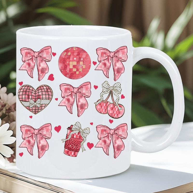 Tailorly White Ceramic 11 oz Mug - Delicate Watercolor Pink Ribbons Among Checkered Hearts And Sweet Cherries Bow