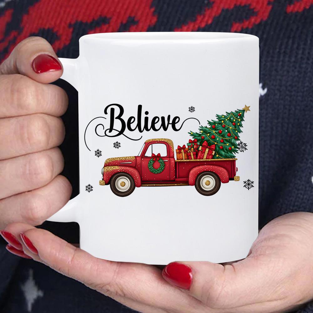 Tailorly White Ceramic 11 oz Mug - Believe Vintage Red Pickup Truck Carrying Festive Evergreen Tree And Gifts Truck