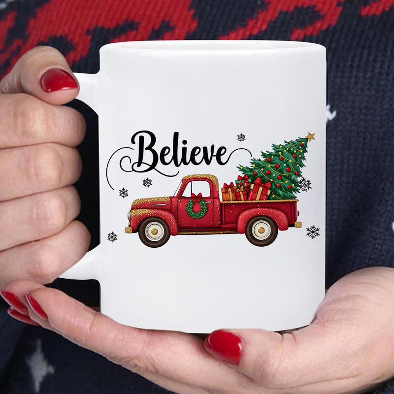 Tailorly White Ceramic 11 oz Mug - Believe Vintage Red Pickup Truck Carrying Festive Evergreen Tree And Gifts Truck