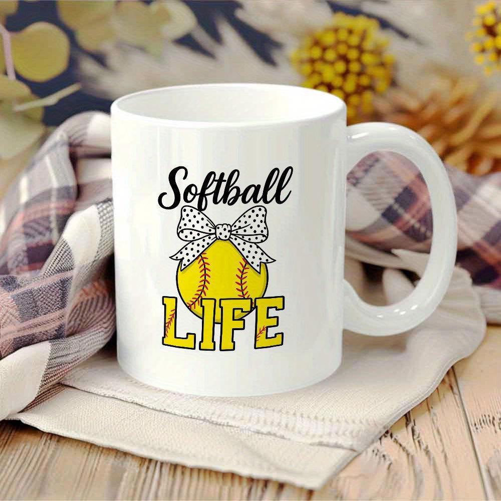 Tailorly White Ceramic 11 oz Mug - Softball Life Yellow Textured Ball With Polka Dot Bow And Sporty Stitches Style Softball