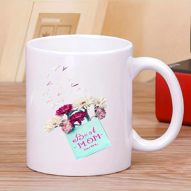 Tailorly White Ceramic 11 oz Mug - Best Mom Ever Elegant Blooming Flowers In A Turquoise Gift Bag Mug