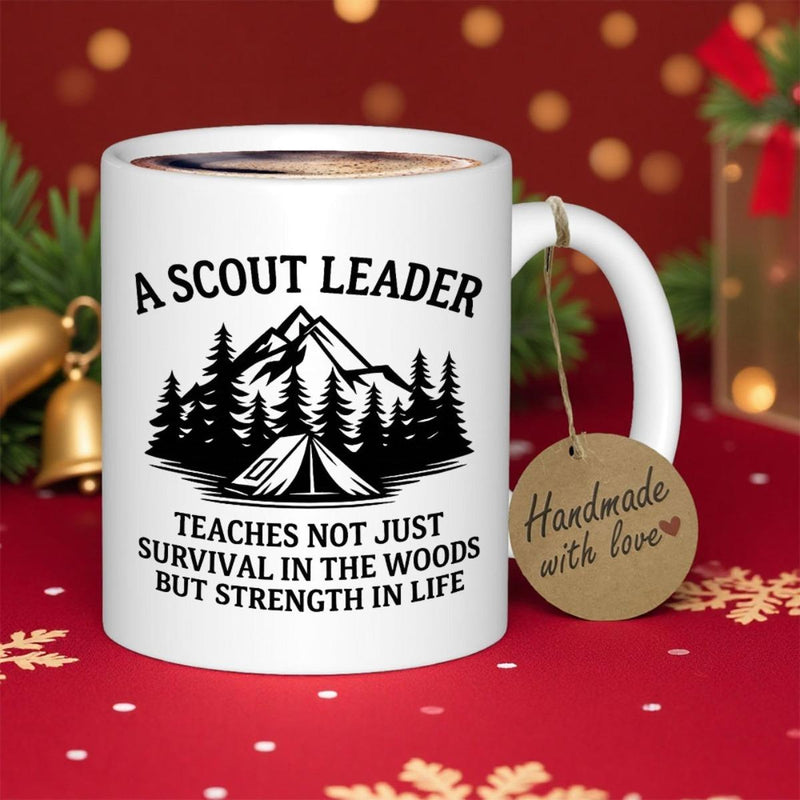Tailorly White Ceramic 11 oz Mug - A Scout Leader Teaches Not Just Survival In The Woods But Strength In Life Majestic Peaks Standing Behind Dense Forest And Cozy