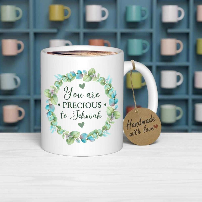 Tailorly White Ceramic 11 oz Mug - You Are Precious To Jehovah Green Eucalyptus Leaves Forming A Circular Natural Floral Pattern Wreath