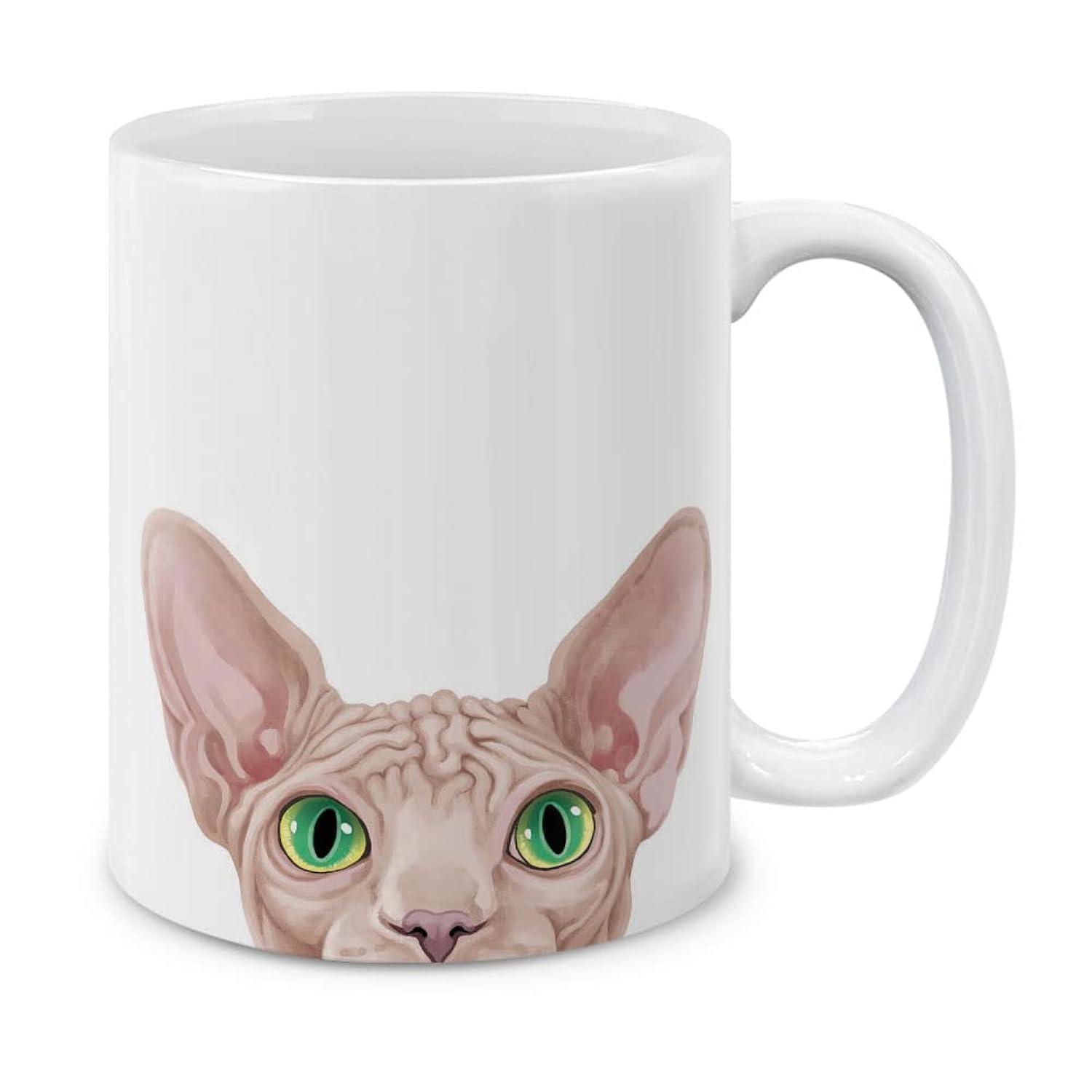 Tailorly White Ceramic 11 oz Mug - Hand Drawn Peeking Hairless Sphynx With Large Vivid Green Eyes Cat