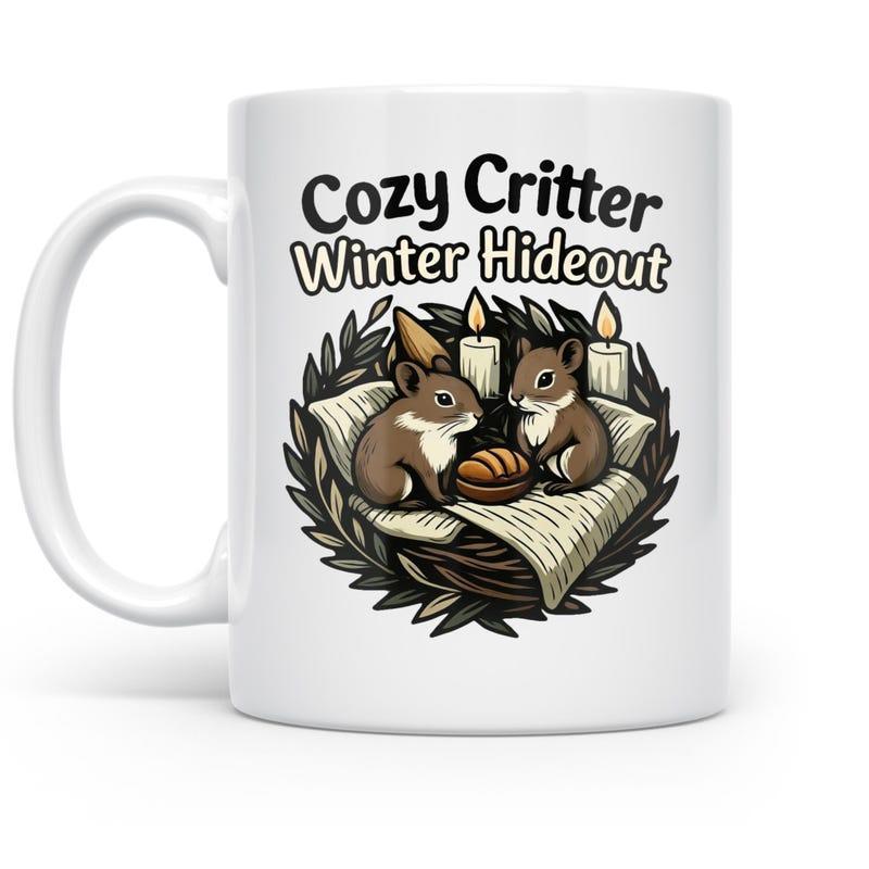 Tailorly White Ceramic 11 oz Mug - Cozy Critter Winter Hideout Two Small Rodents Eating Bread Inside Warm Candlelit Nest Critter