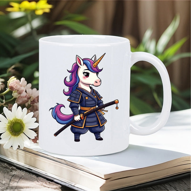Tailorly White Ceramic 11 oz Mug - Majestic Mythical Creature Wearing Traditional Dark Samurai Armor Holding Katana Sword Unicorn