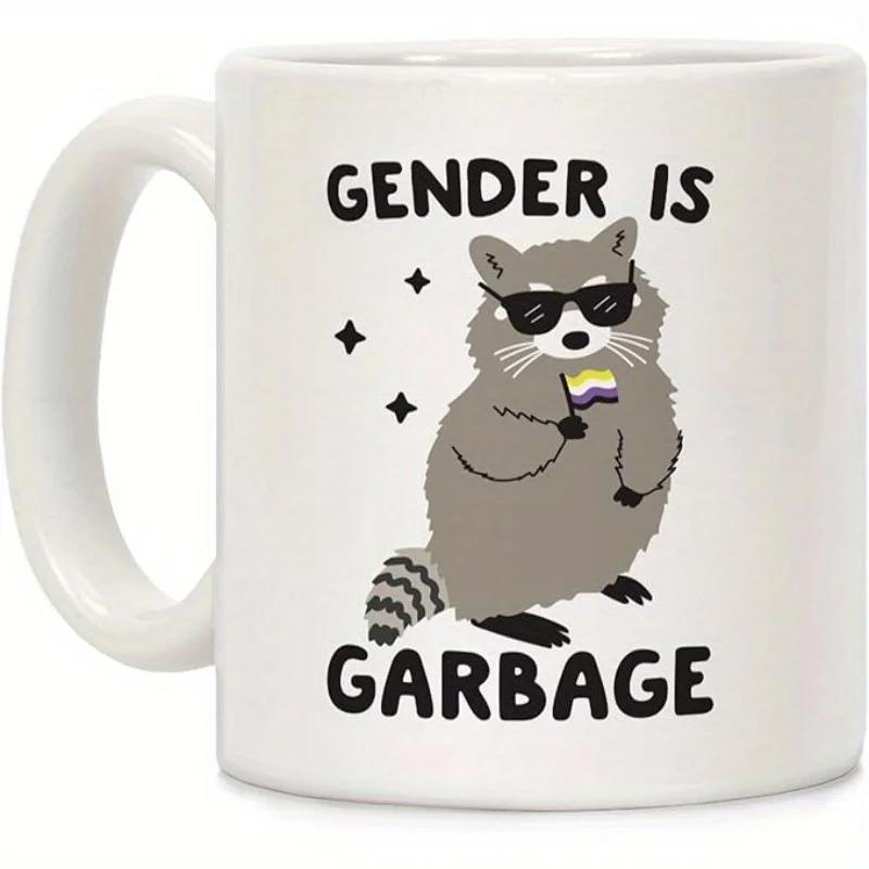 Tailorly White Ceramic 11 oz Mug - Gender Is Garbage Chubby Furry Forest Animal Holding Small Pride Flag Wearing Dark Sunglasses Raccoon