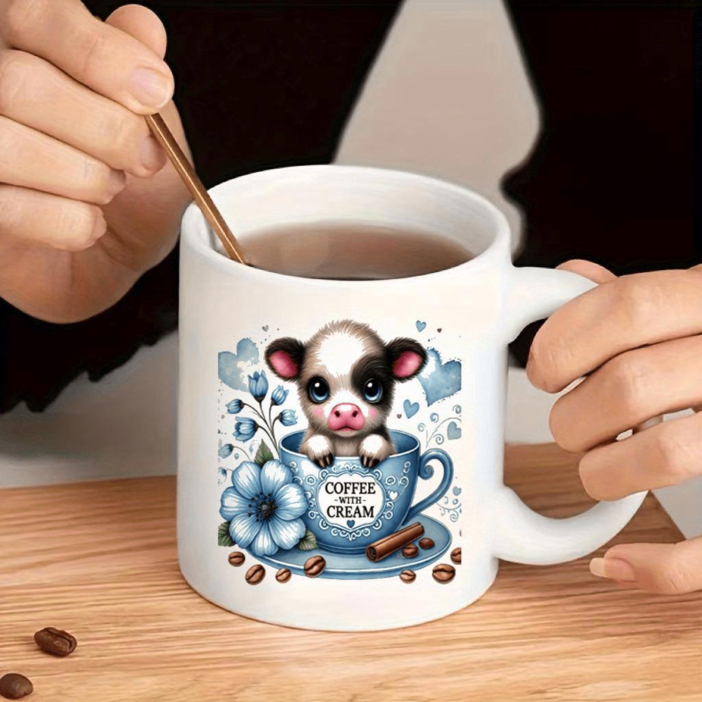 Tailorly White Ceramic 11 oz Mug - Coffee With Cream Adorable Spotted Baby Cow Sitting Inside A Blue Floral Teacup Calf