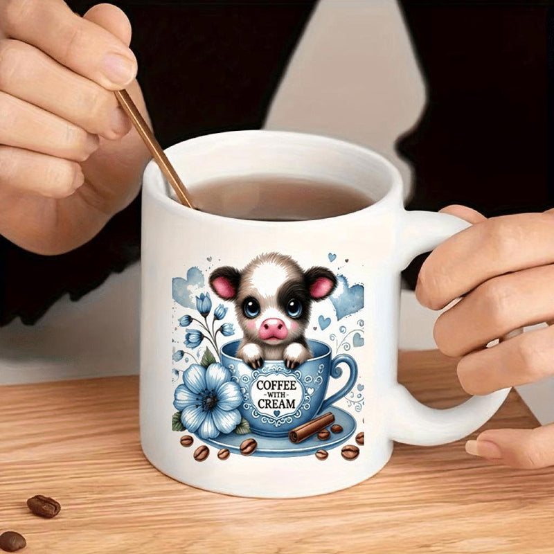 Tailorly White Ceramic 11 oz Mug - Coffee With Cream Adorable Spotted Baby Cow Sitting Inside A Blue Floral Teacup Calf