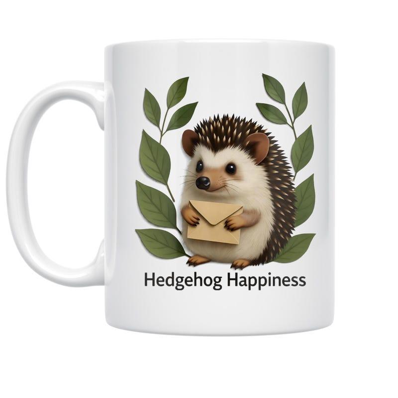 Tailorly White Ceramic 11 oz Mug - Hedgehog Happiness Adorable Forest Creature Holding A Letter Amidst Vibrant Green Leaves Hedgehog
