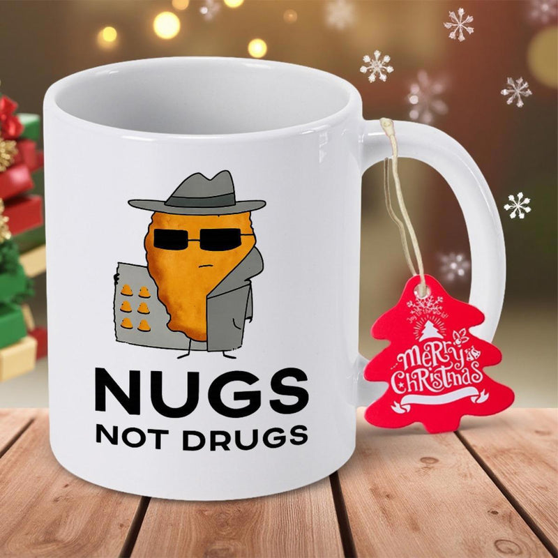 Tailorly White Ceramic 11 oz Mug - Nugs Not Drugs Secret Agent Chicken Nugget Wearing Trench Coat Hat And Sunglasses Nugget
